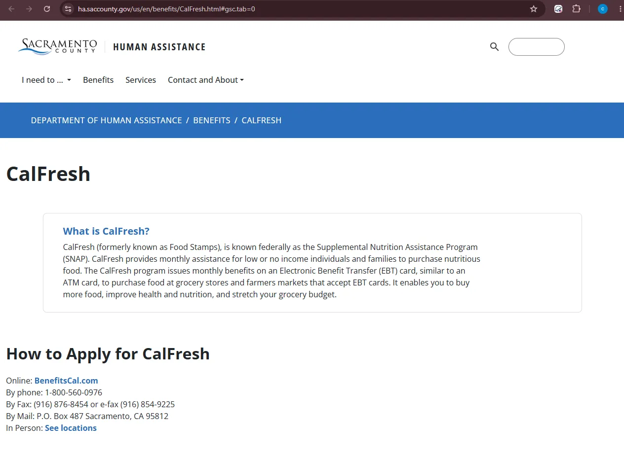 Official Sacramento County CalFresh page for Sacramento CA food stamp office address phone and support