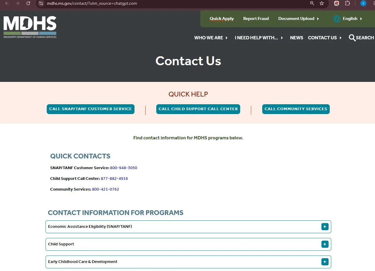 Official Mississippi DHS Harrison County SNAP office listing for food stamp help in Gulfport MS