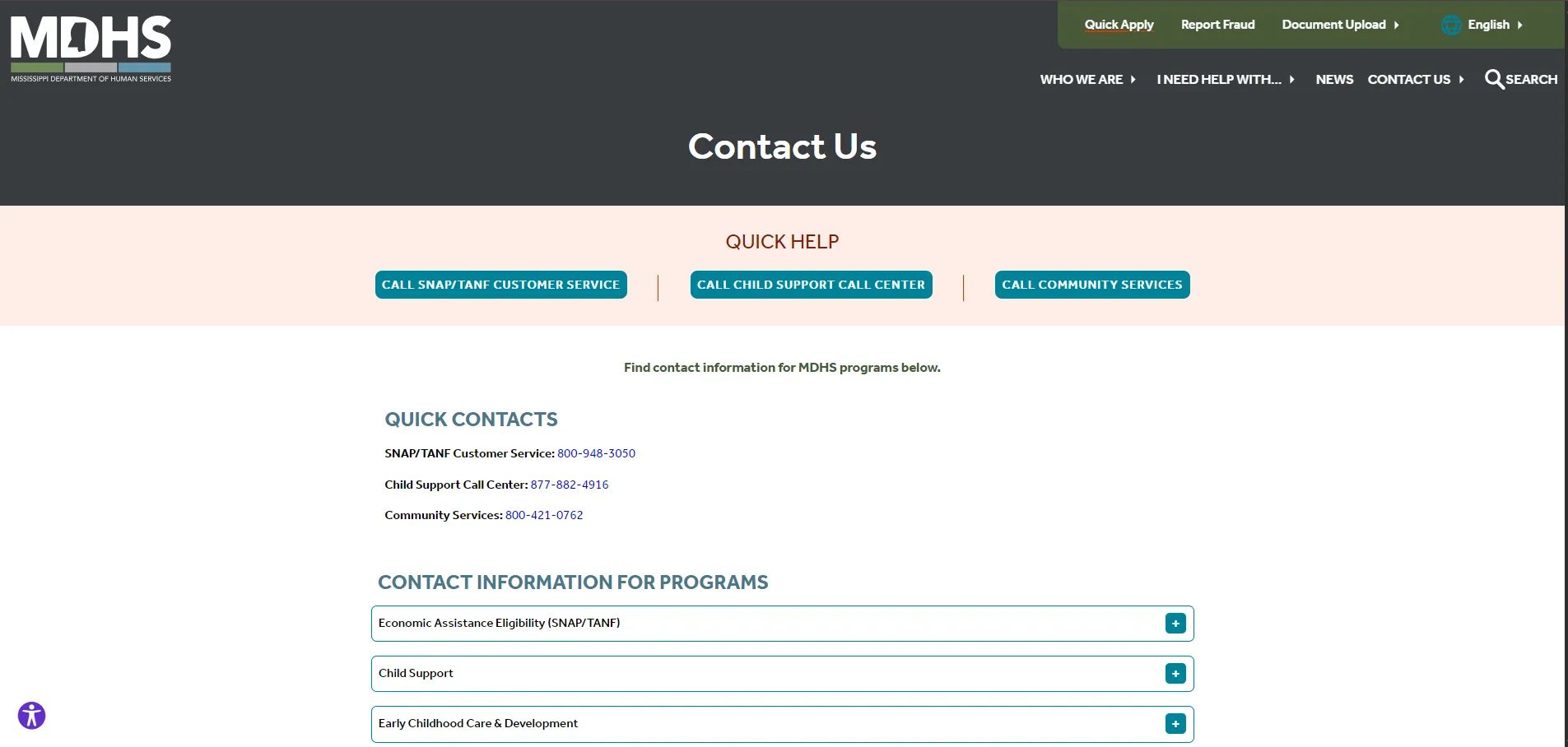 Mississippi MDHS Harrison County office official contact page screenshot for Gulfport MS food stamp office