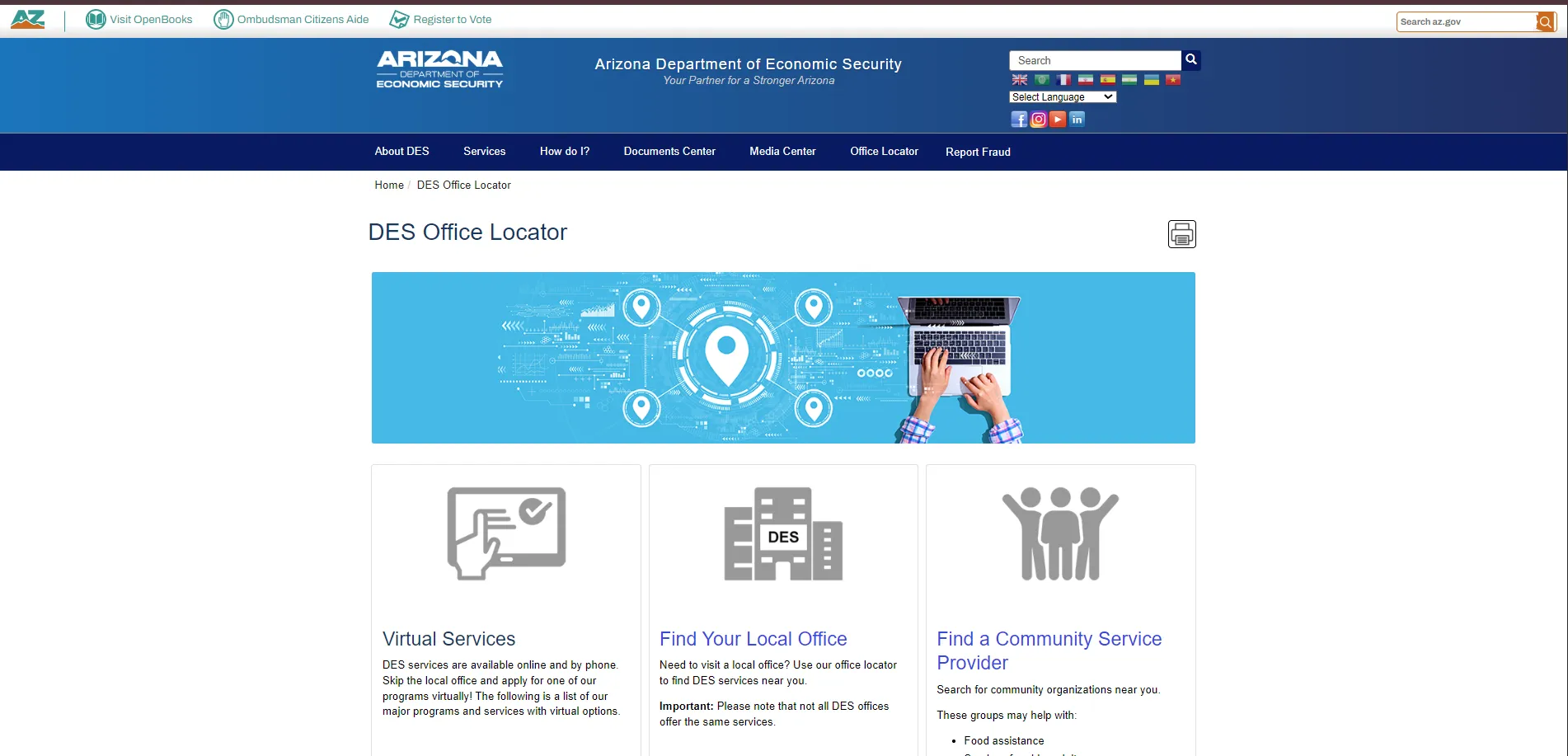 Arizona DES office locator official page screenshot for Phoenix AZ food stamp office guide