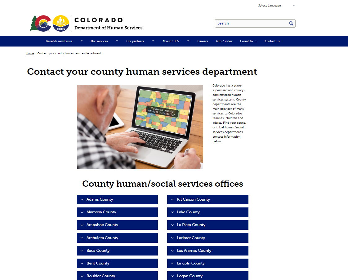 Colorado Department of Human Services county office page screenshot for Aurora CO food stamp office