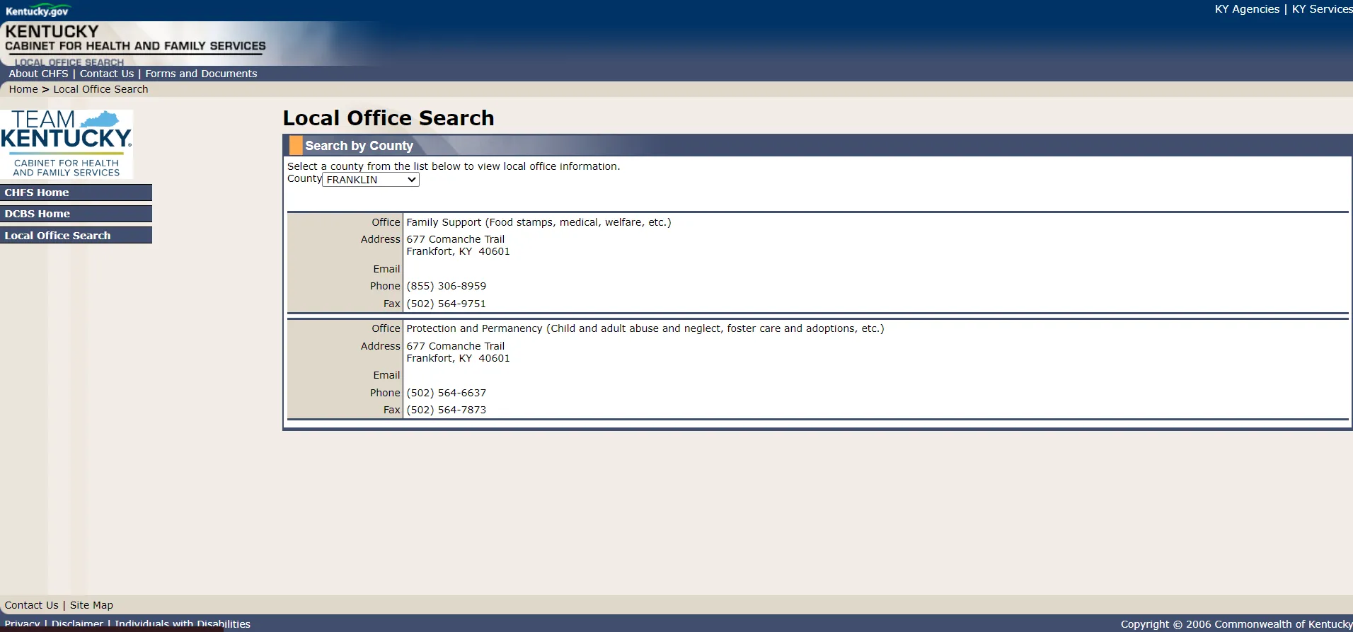 Kentucky CHFS DCBS local office search screenshot for Frankfort KY food stamp office