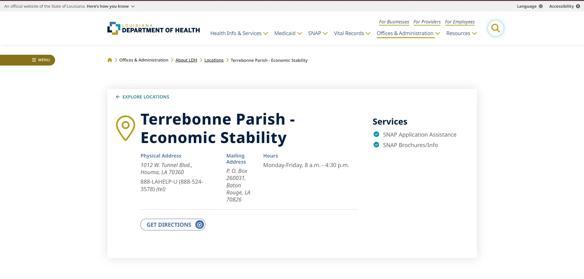 Official Louisiana Terrebonne Parish Economic Stability page screenshot for Houma LA food stamp office and SNAP phone guide