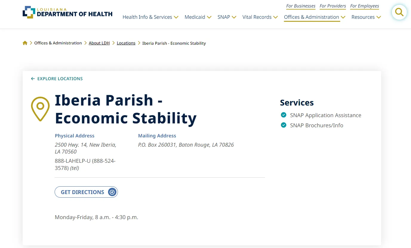 Official Louisiana Iberia Parish Economic Stability page screenshot for New Iberia LA food stamp office and SNAP contact guide