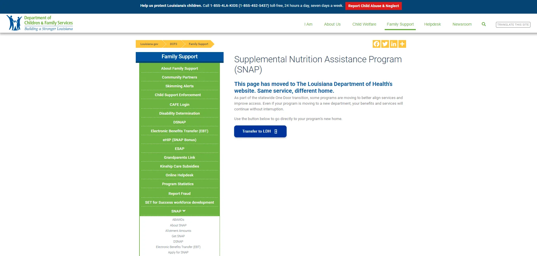 Louisiana DCFS SNAP official page screenshot for food stamp office phone number and contact help