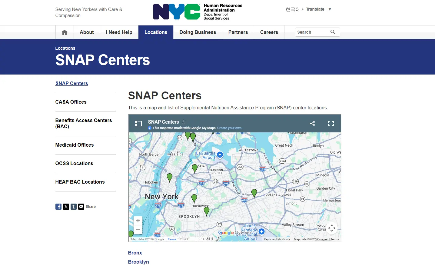 NYC HRA SNAP Locations official screenshot for Bronx NY Food Stamp Office address phone and benefits help