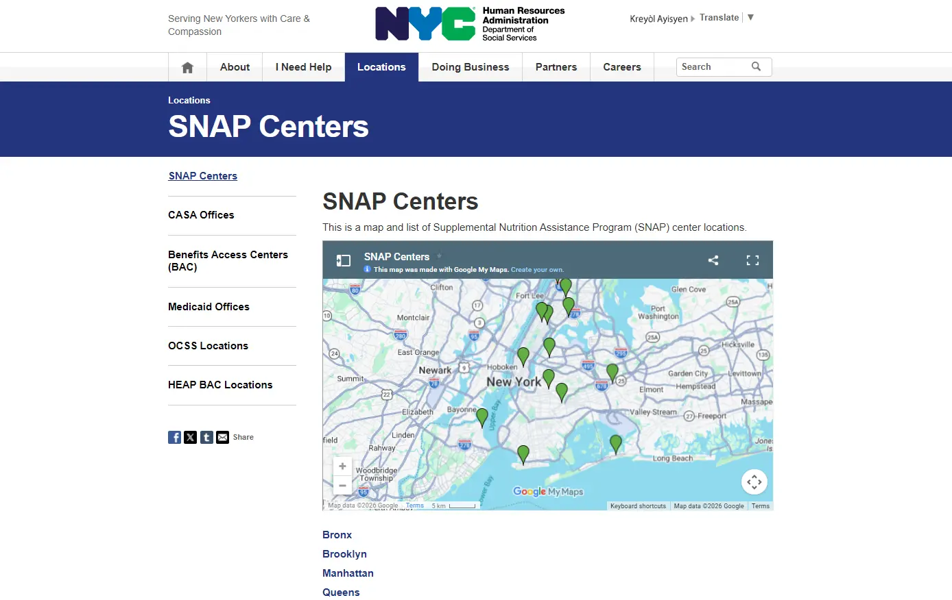 NYC HRA SNAP Locations official New York City food stamp office page screenshot