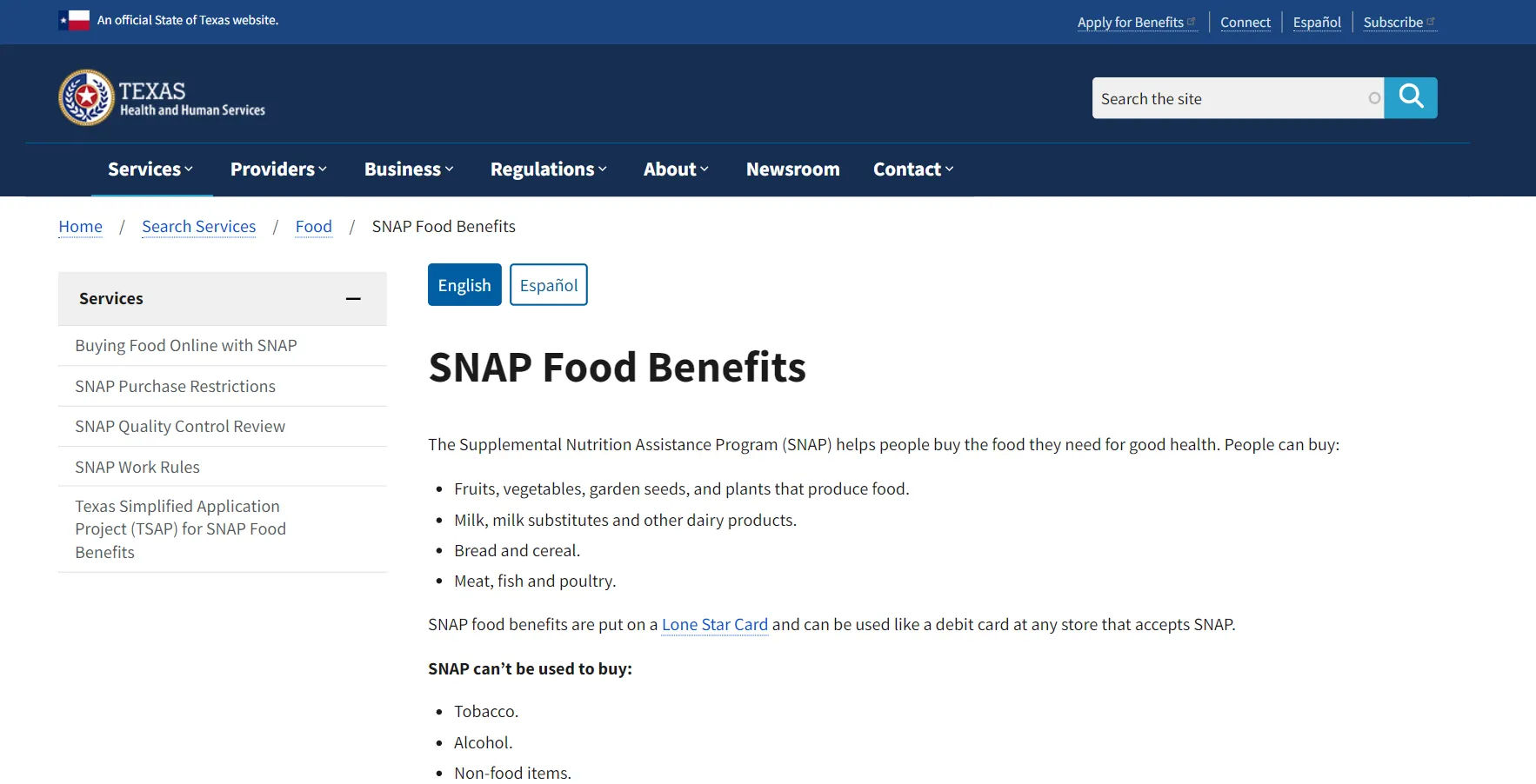 Texas Health and Human Services SNAP Food Benefits official page screenshot for Texas food stamp office