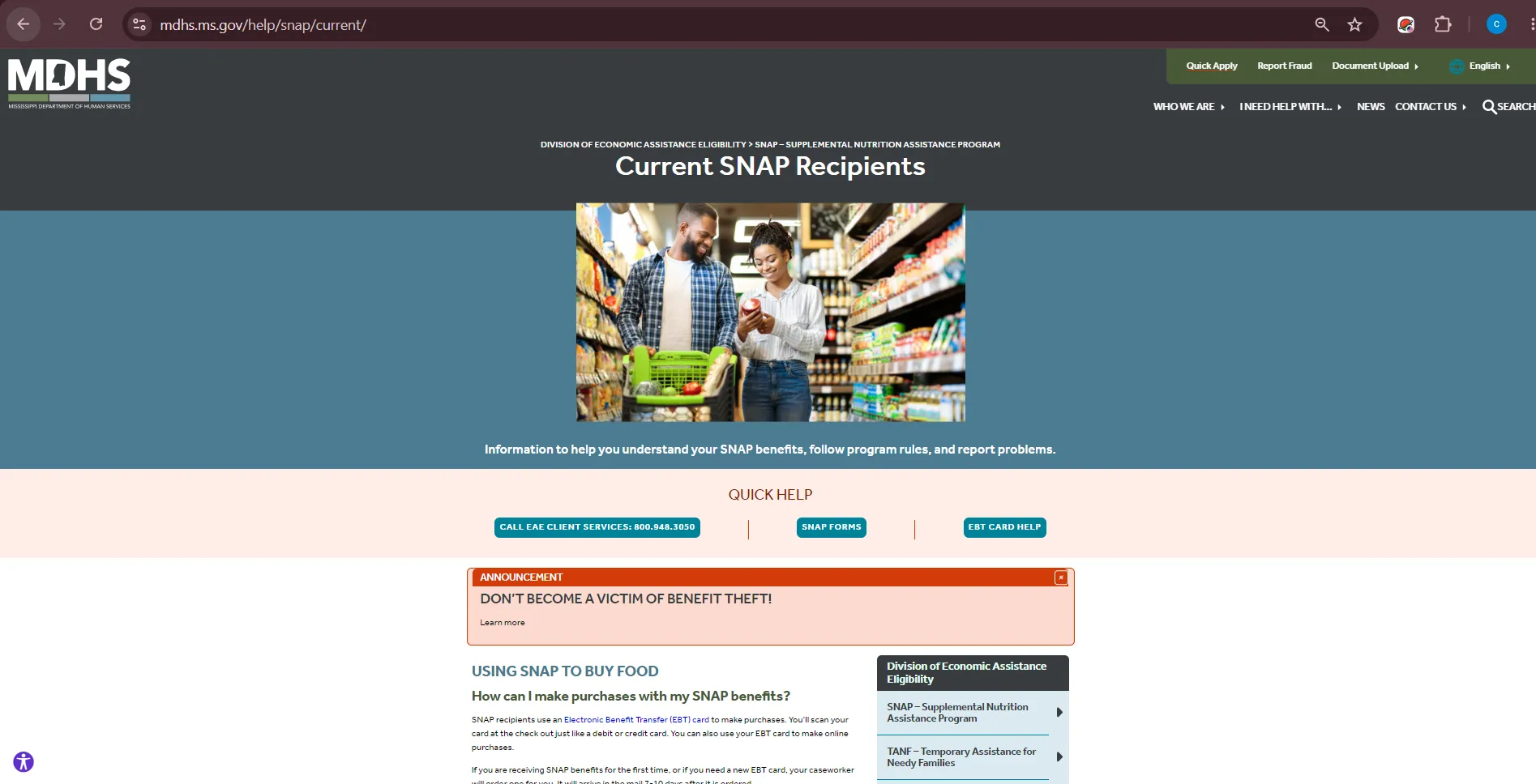 Official Mississippi Department of Human Services contact page showing Jackson County SNAP office information for Pascagoula MS food stamp office users