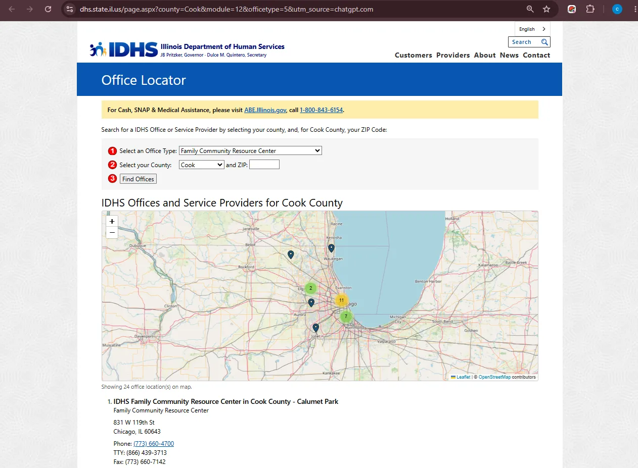 Official Illinois DHS Cook County office locator showing Chicago IL SNAP food stamp office locations and phone numbers