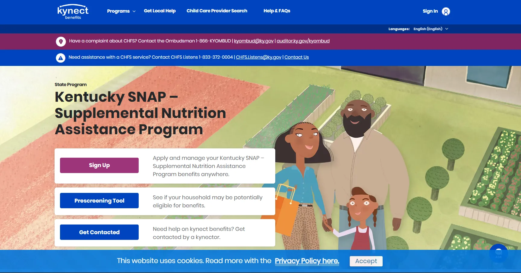 Kentucky kynect SNAP official page screenshot for Kentucky food stamp office and EBT benefits help