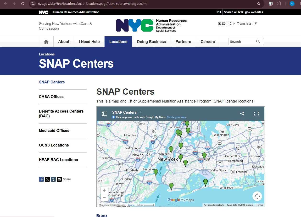 Official NYC HRA SNAP Locations page showing Richmond SNAP Center for Staten Island NY food stamp office help