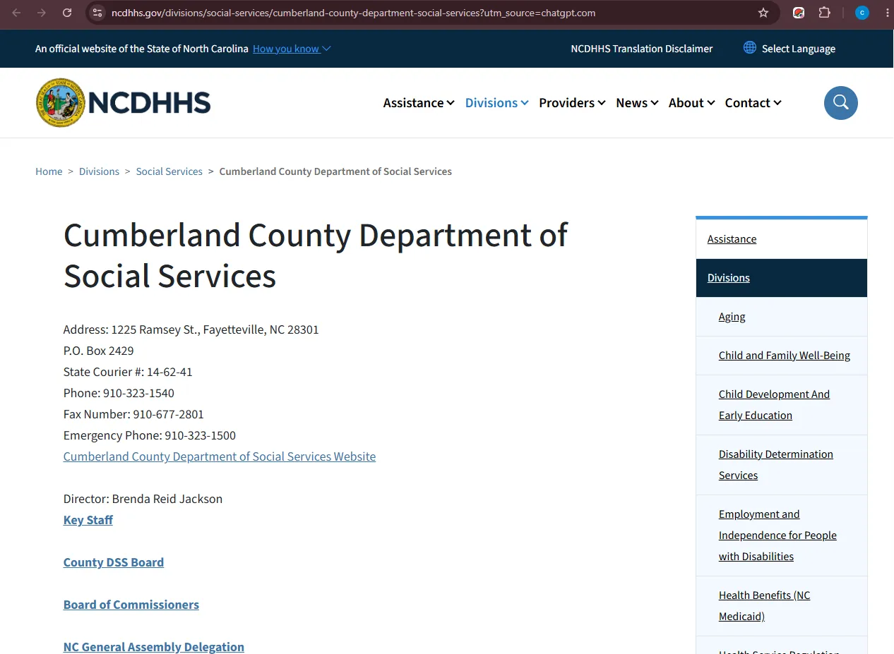 Official Cumberland County DSS Food and Nutrition Services page for Hope Mills NC food stamp office help