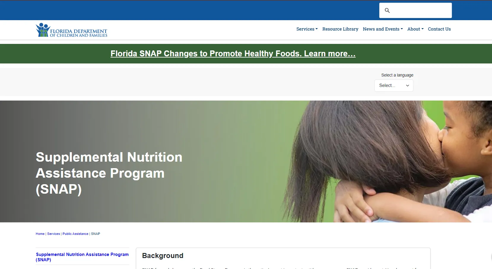 Florida DCF Family Resource Center official page screenshot for Pensacola FL food stamp office