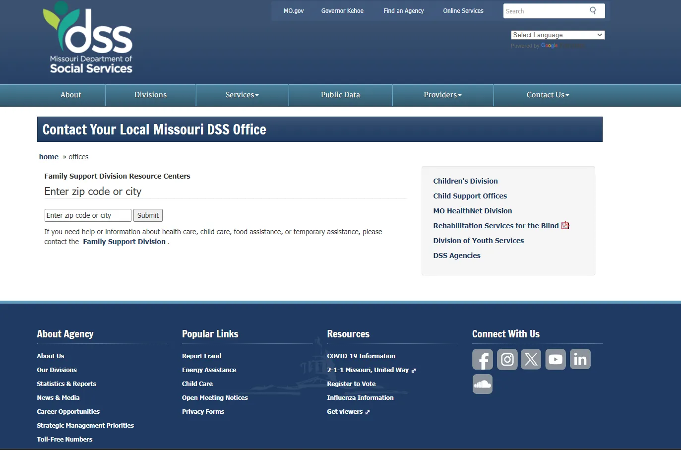 Missouri DSS official office locator screenshot for St. Louis MO food stamp office and SNAP help