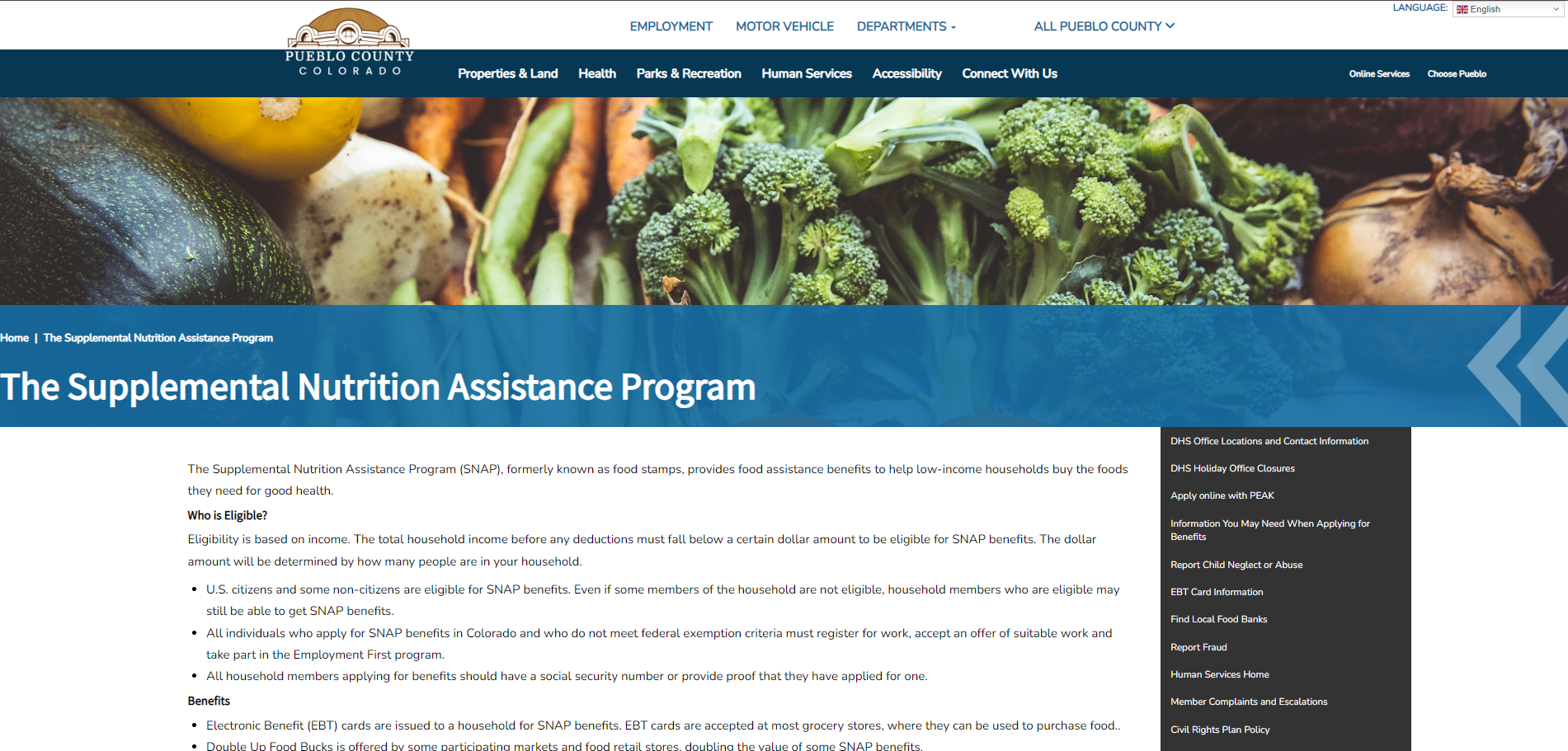 Pueblo County SNAP official page screenshot for Pueblo CO food stamp office help