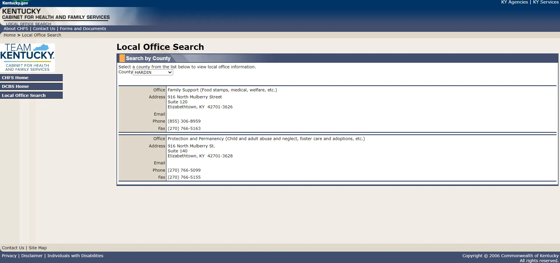 Kentucky DCBS official local office search screenshot for Elizabethtown KY food stamp office help