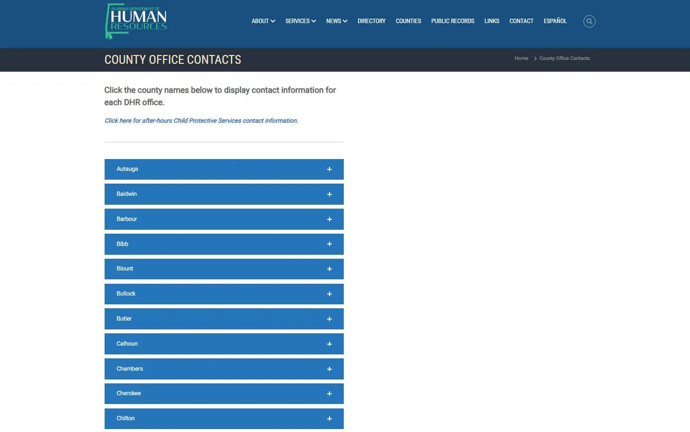 Alabama DHR Calhoun County official page screenshot for Anniston AL food stamp office