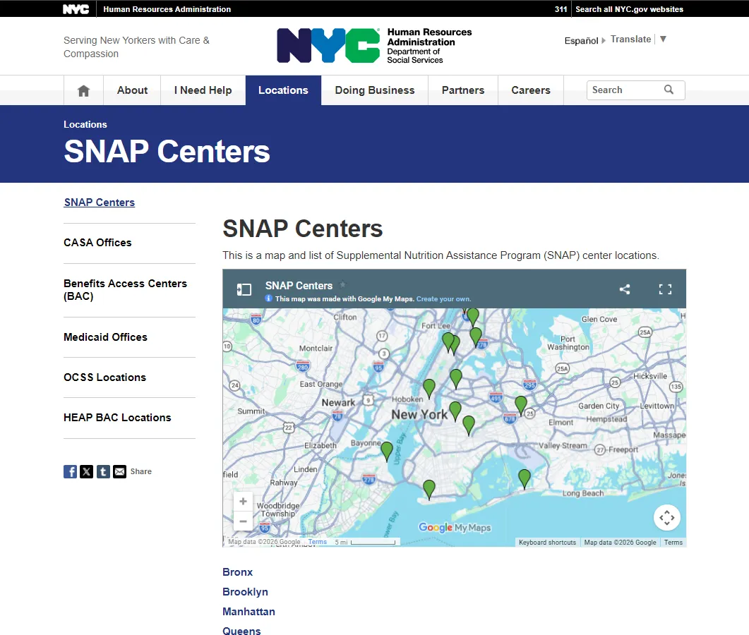 NYC HRA Queens SNAP Centers official page screenshot for Queens NY food stamp office