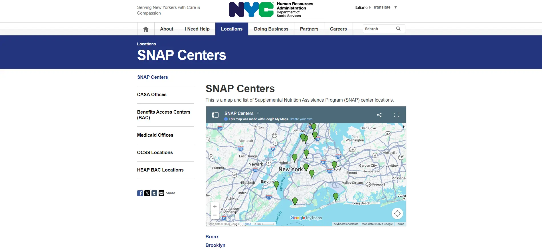 NYC HRA SNAP Locations official page screenshot for Brooklyn NY food stamp office
