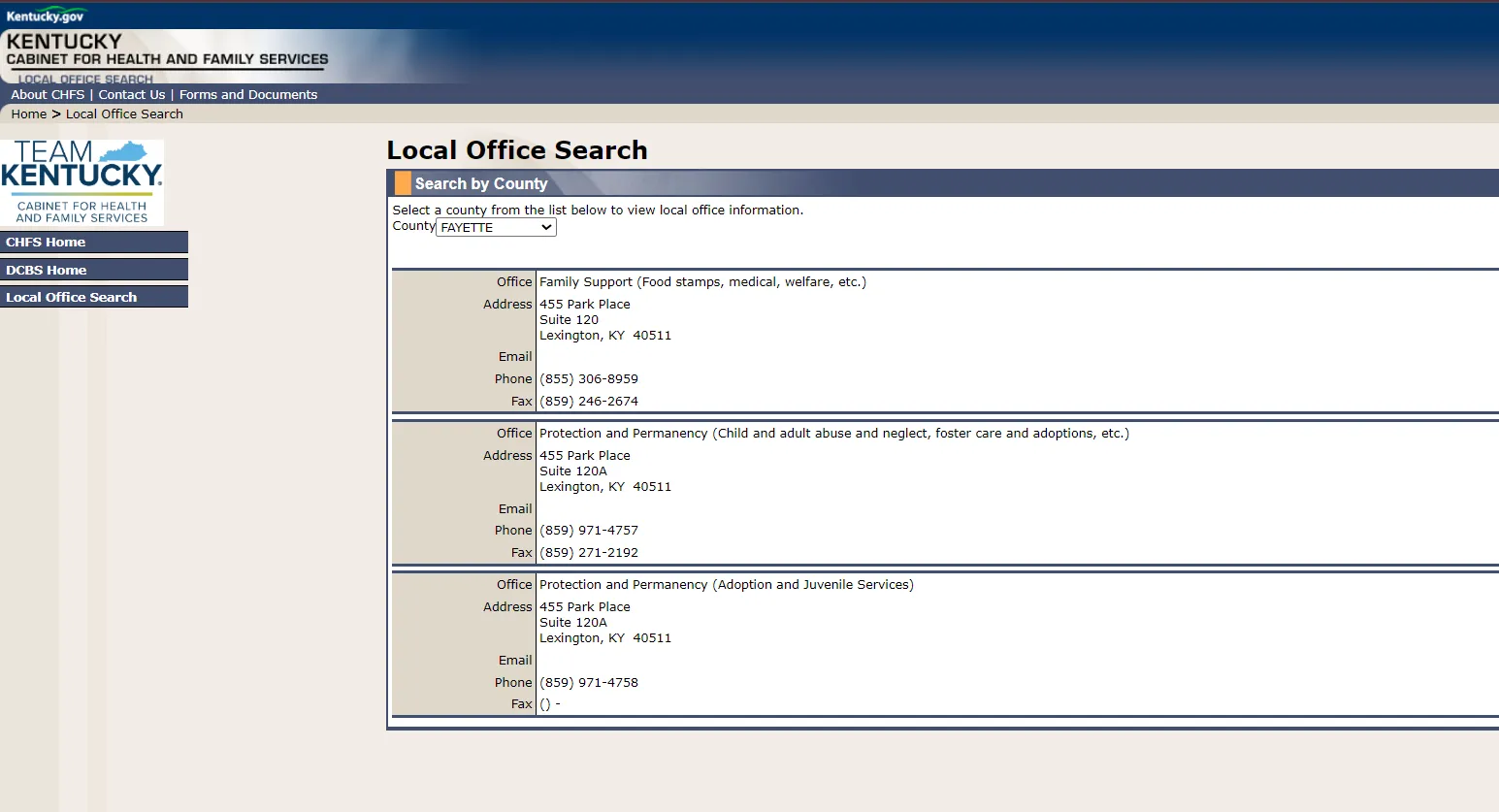 Official Kentucky CHFS Lexington KY DCBS food stamp office page screenshot