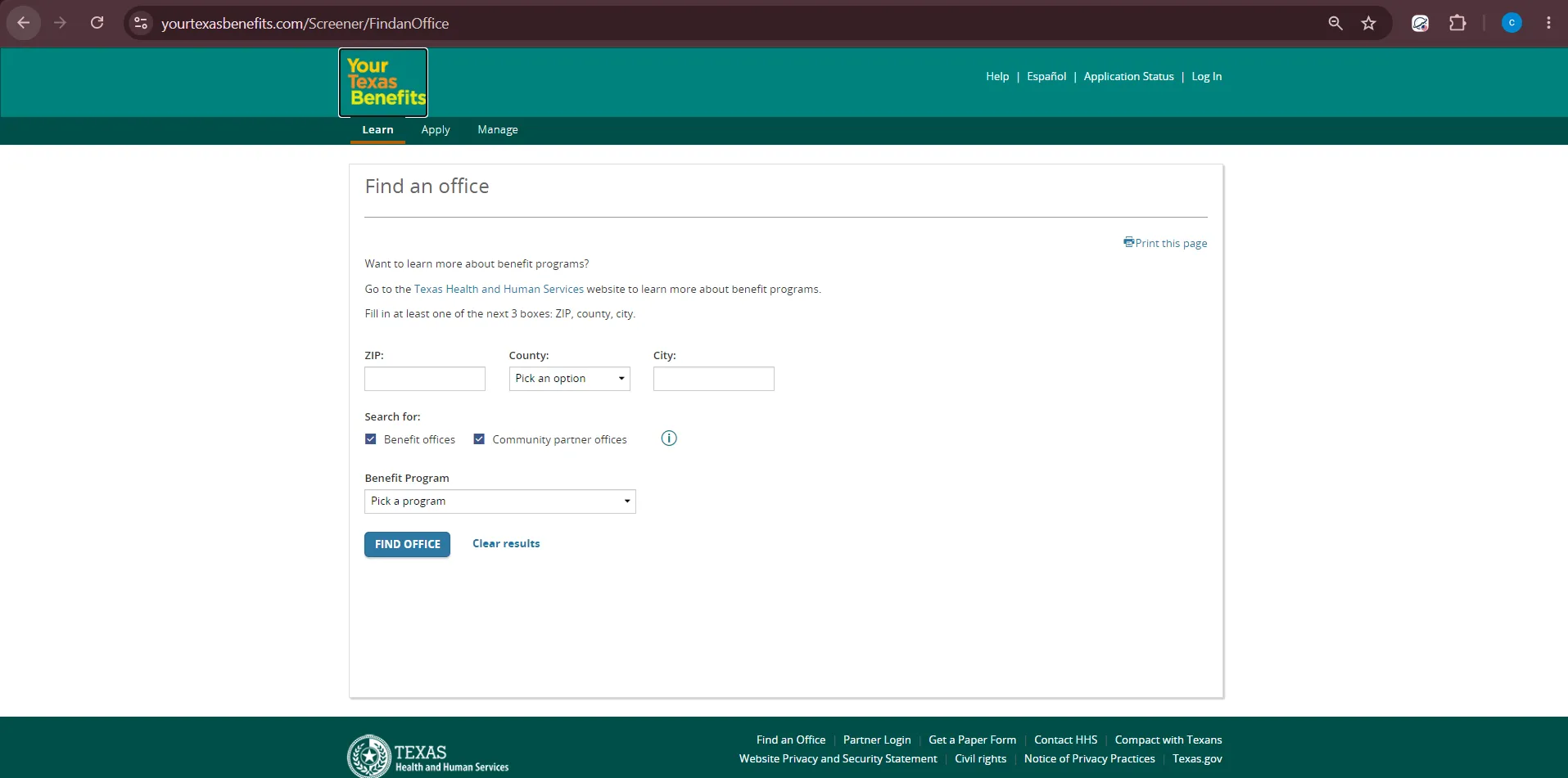 Official Your Texas Benefits Find an Office page screenshot for Waco TX food stamp office and SNAP benefit office search