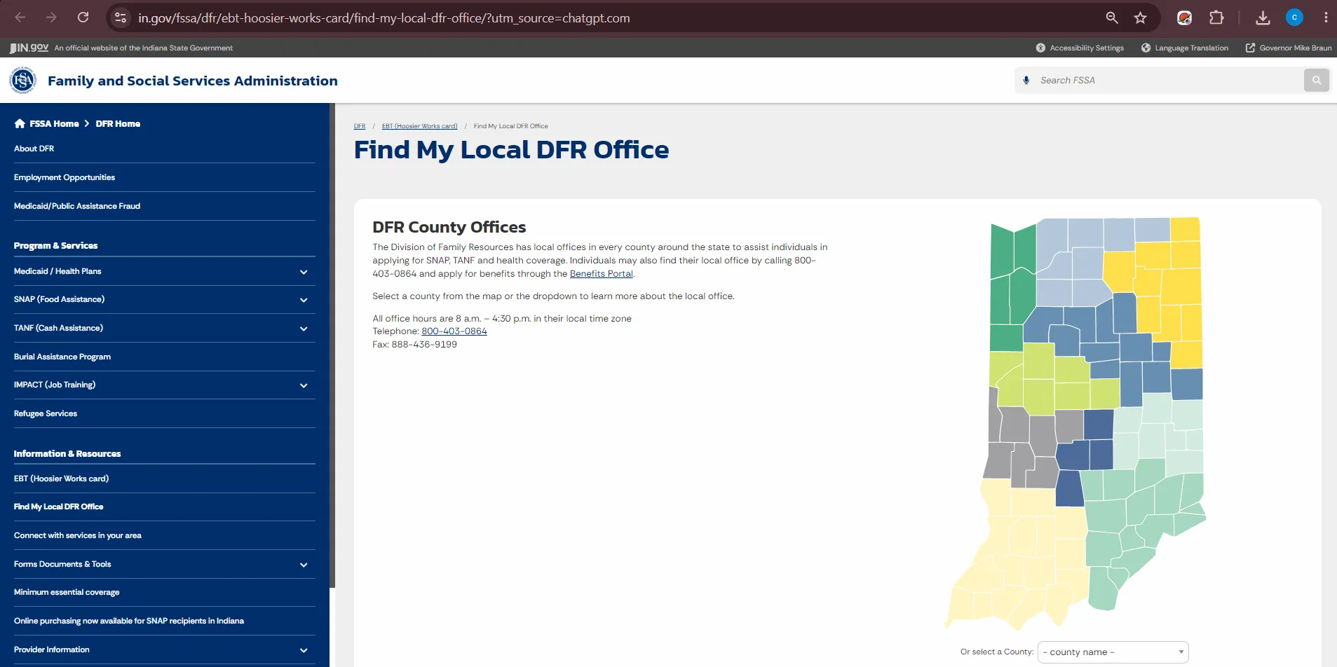 Official Indiana FSSA local DFR office page showing Lafayette IN SNAP food stamp office details