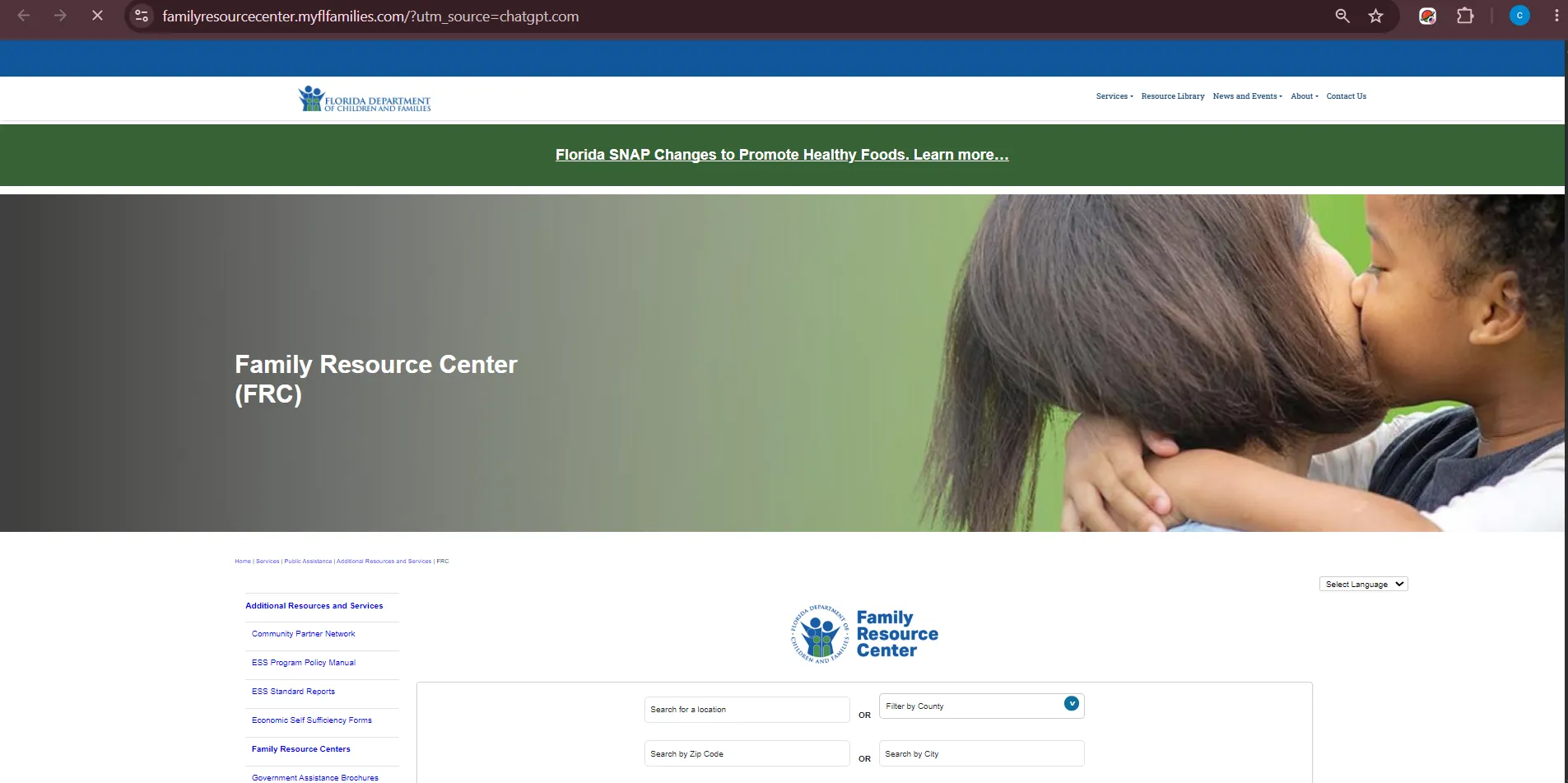 Official Florida DCF Family Resource Center locator page for Tallahassee FL SNAP food stamp office help