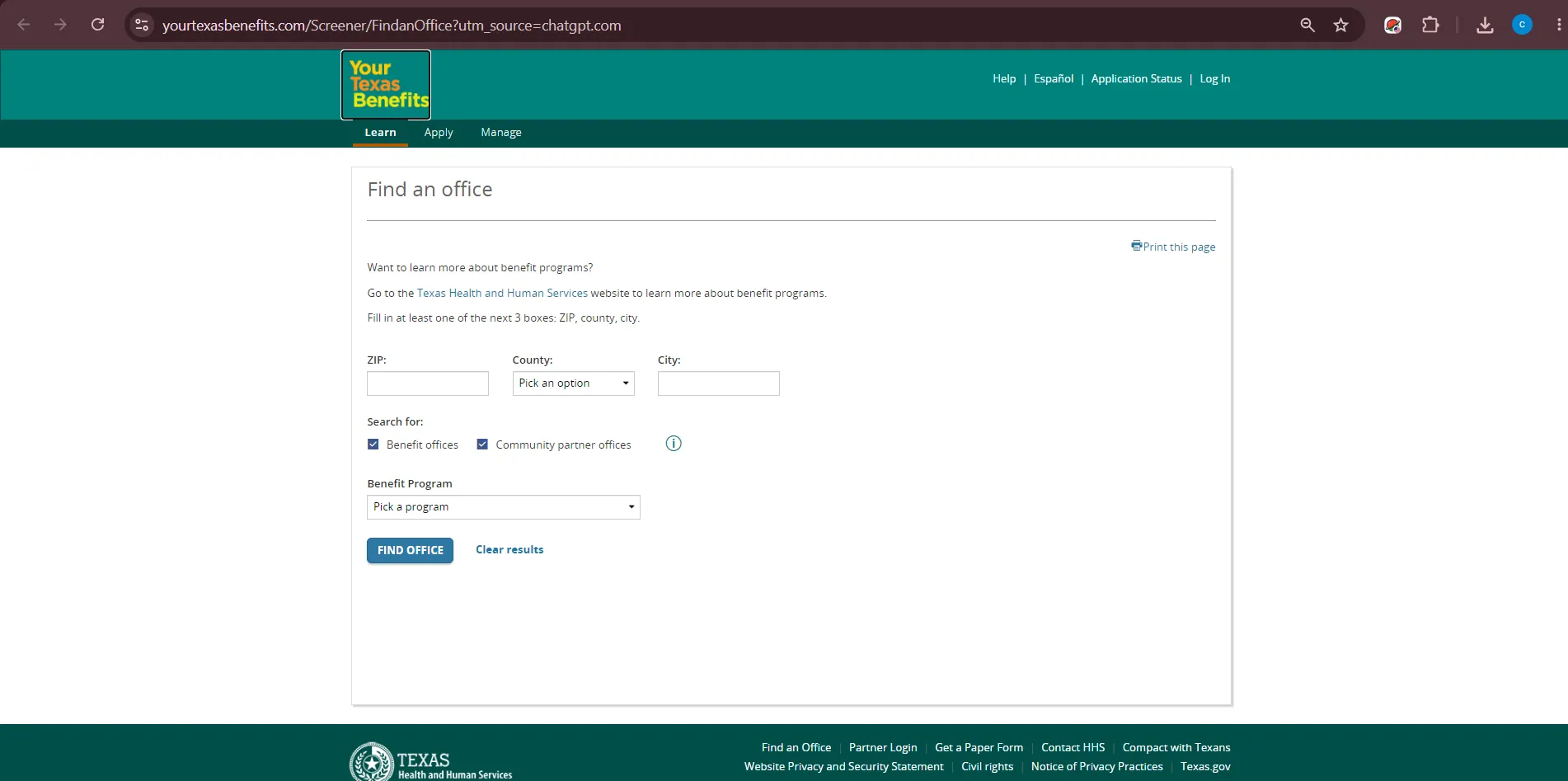 Official Your Texas Benefits office finder screenshot for Conroe TX food stamp office and HHSC SNAP support