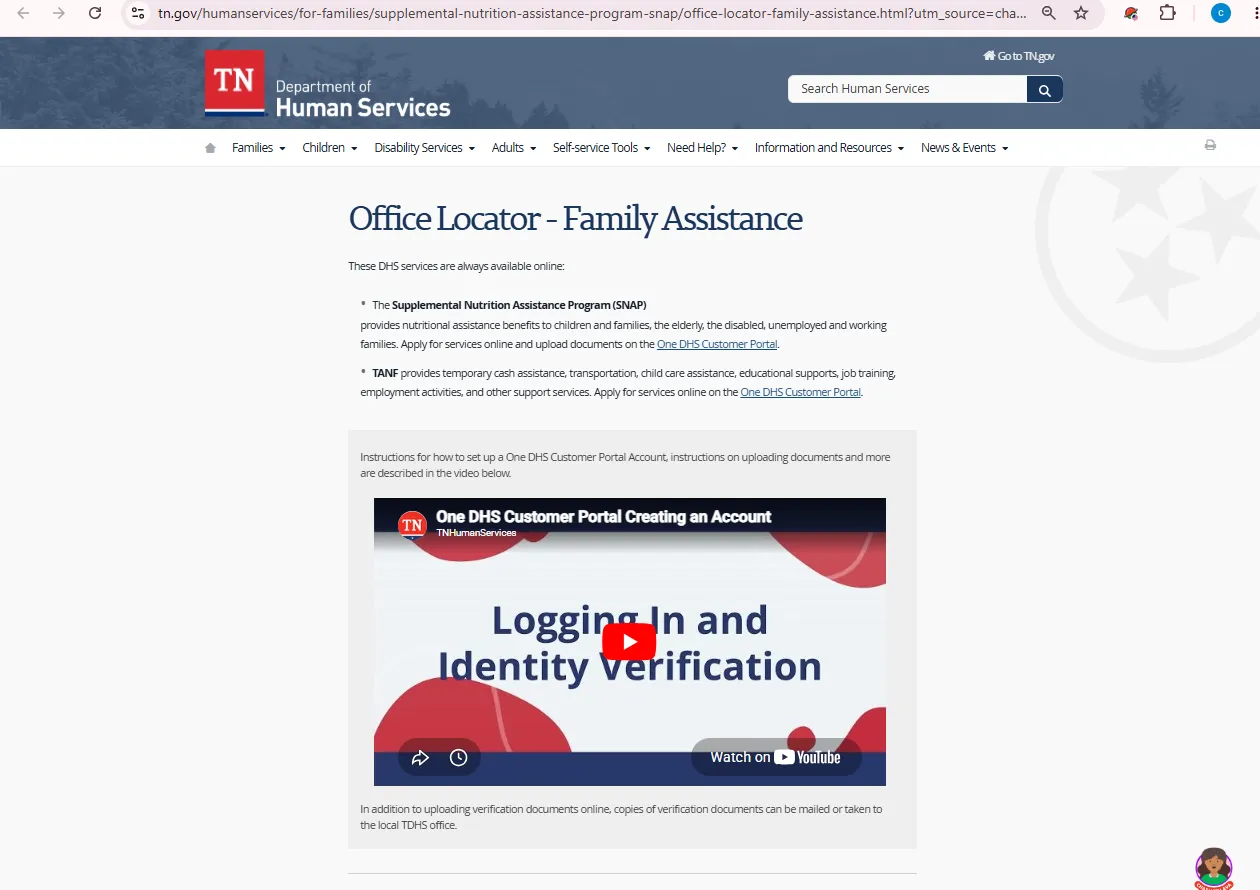 Official Tennessee DHS Washington County SNAP office locator page for Johnson City TN food stamp office help