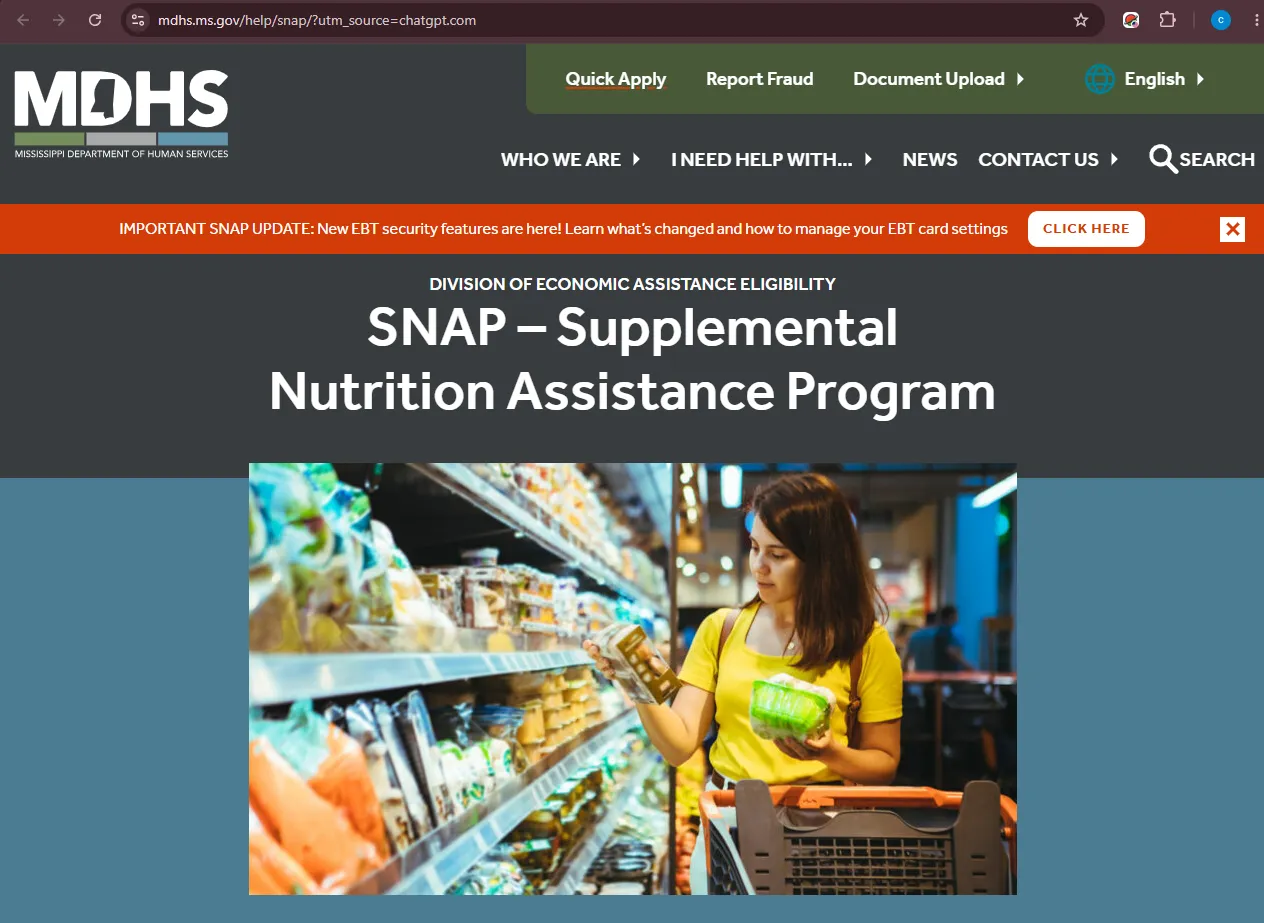 Official Mississippi Department of Human Services SNAP page for Mississippi food stamp office address phone and support