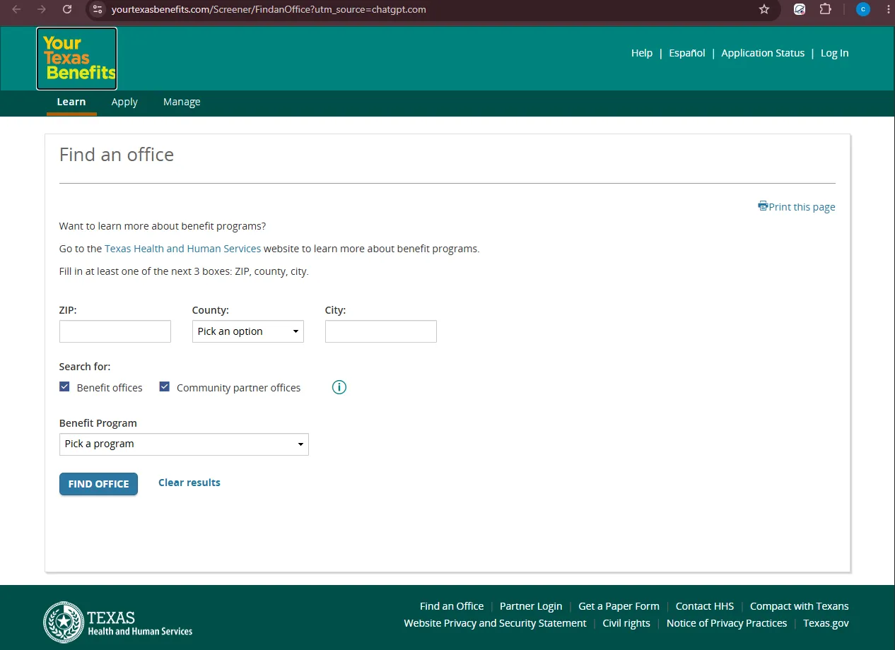 Official Your Texas Benefits office finder page for Temple TX food stamp office and SNAP help