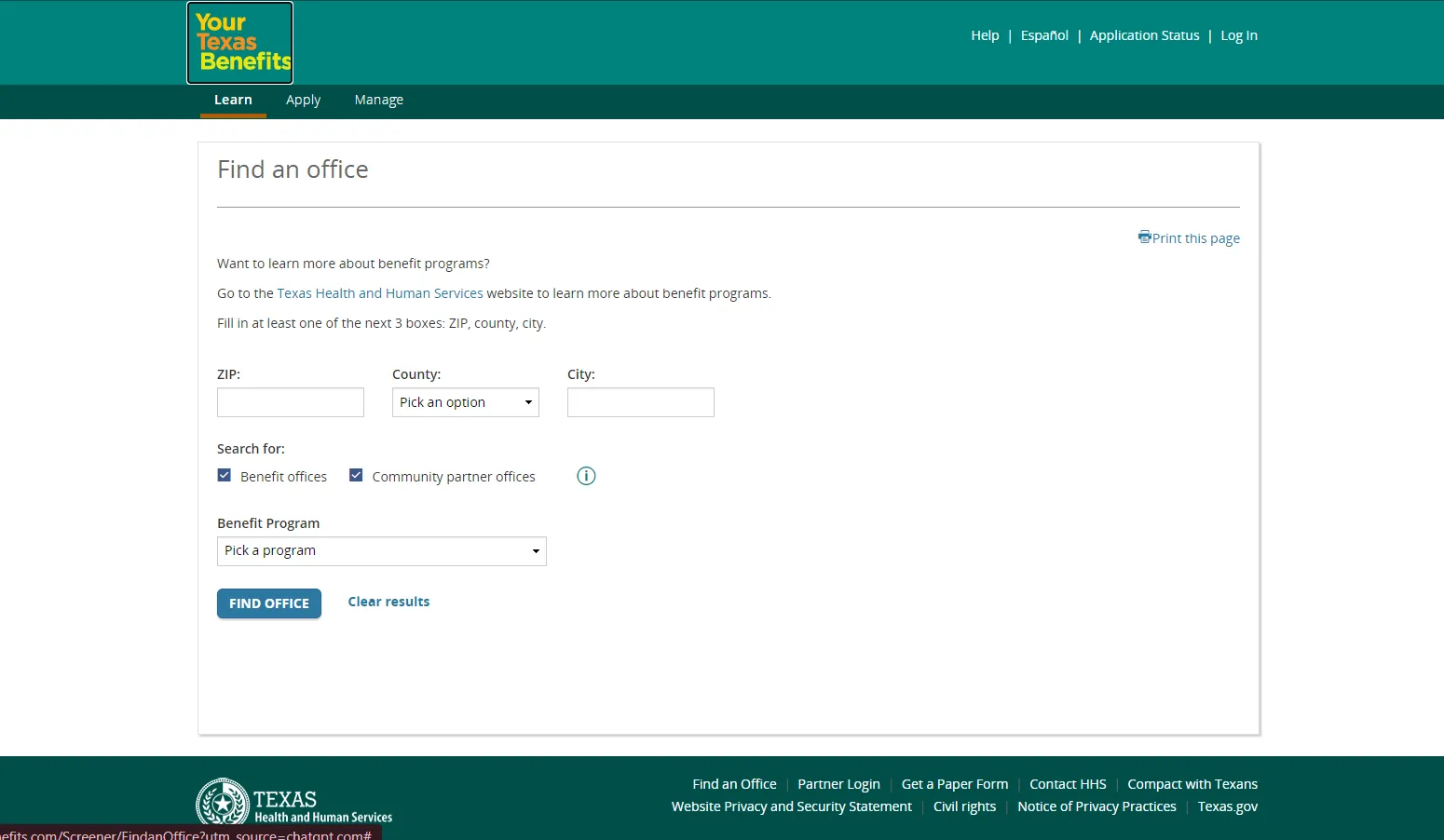 Texas Your Texas Benefits Find an Office page screenshot for Dallas TX food stamp office
