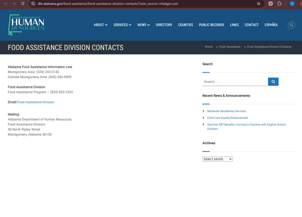 Official Alabama DHR Food Assistance Division contacts page showing Alabama food stamp office phone numbers