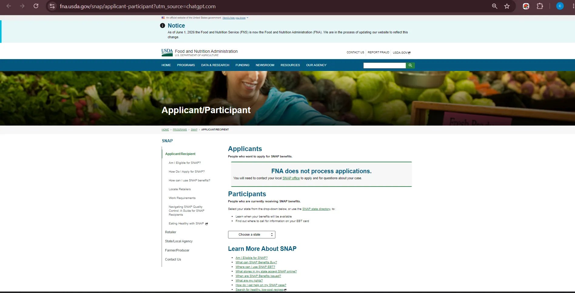Official USDA SNAP applicant and participant page showing state-based food stamp office login and account access route