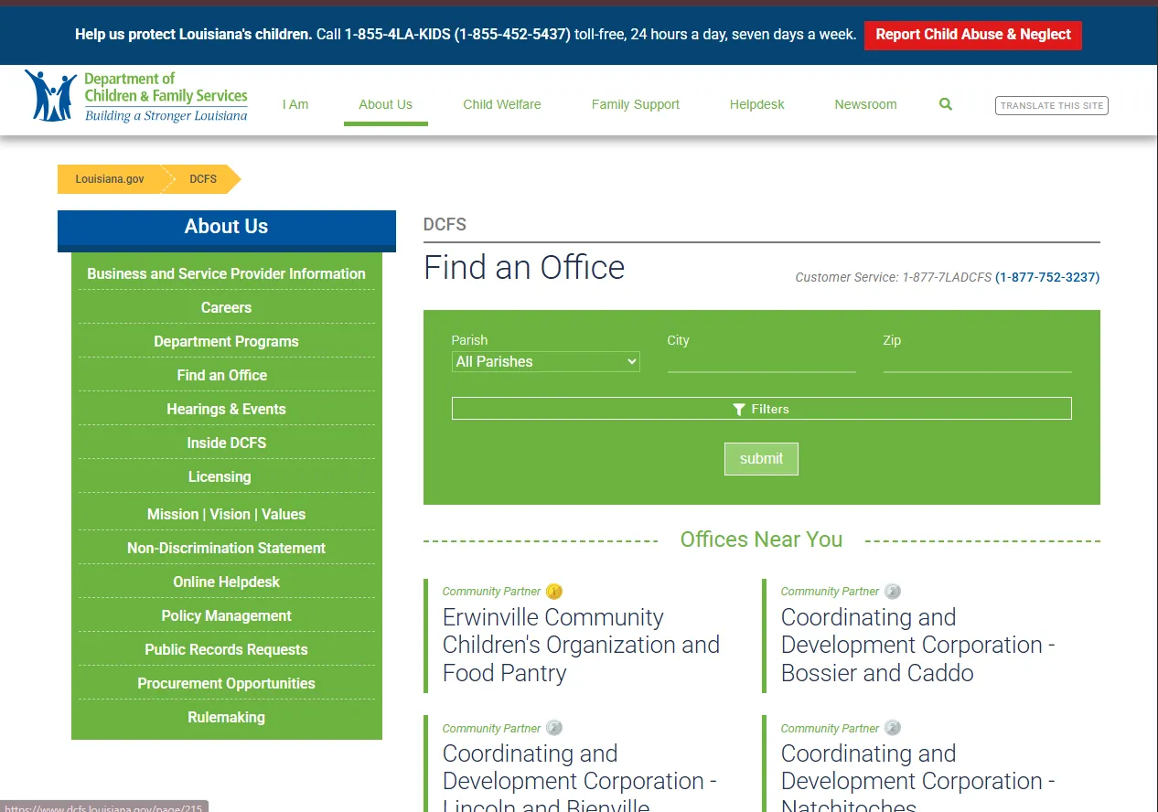 Official Louisiana DCFS office locator page for finding a Louisiana food stamp office near me and SNAP location help