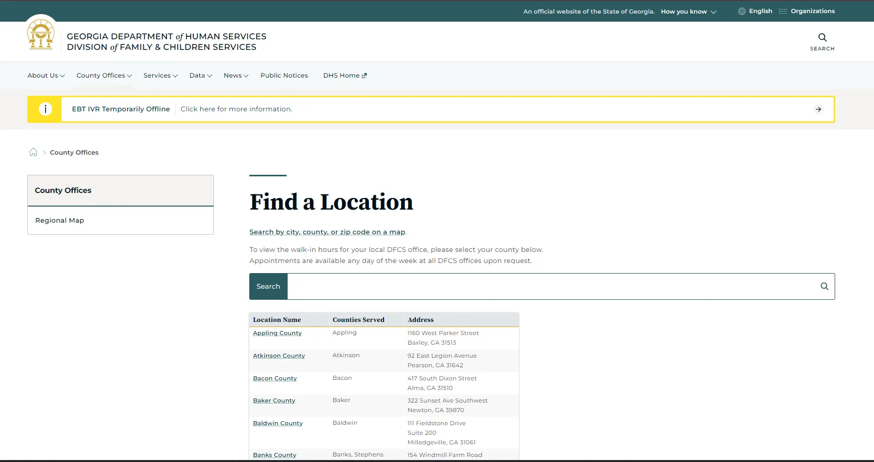 Georgia DFCS official location page screenshot for Atlanta GA food stamp office and SNAP benefits help