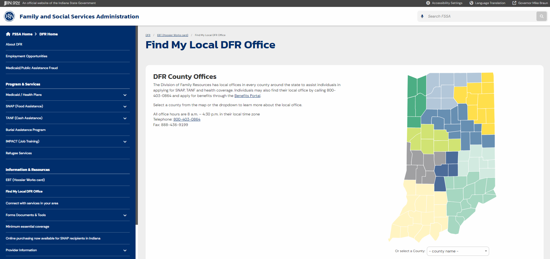 Indiana FSSA Elkhart DFR office official page screenshot for Elkhart IN food stamp office