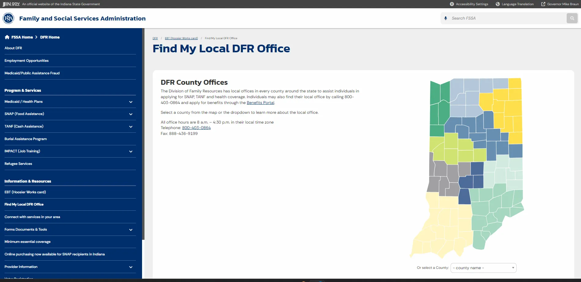 Indiana FSSA Anderson DFR office official page screenshot for Anderson IN food stamp office