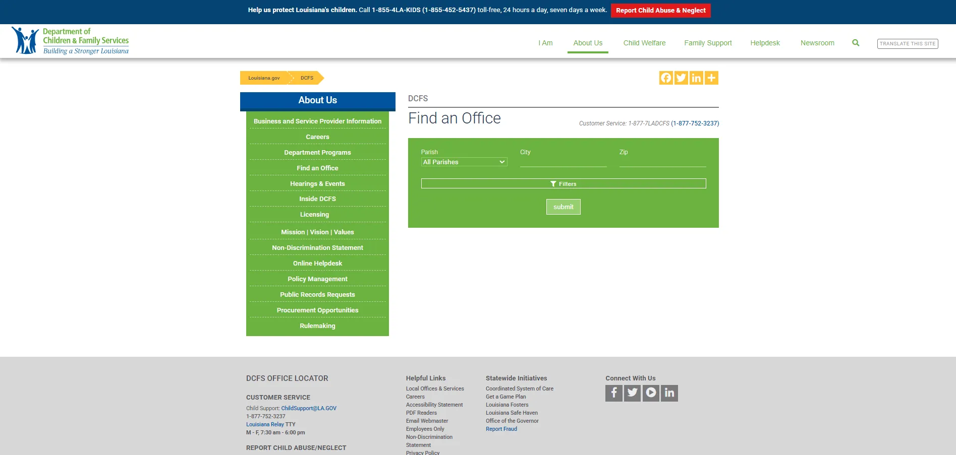 Louisiana DCFS Find an Office official page screenshot for Louisiana food stamp office locations and phone help