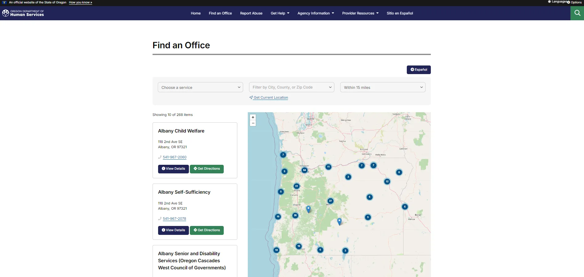 Oregon ODHS Find an Office official page screenshot for Medford OR food stamp office and SNAP help