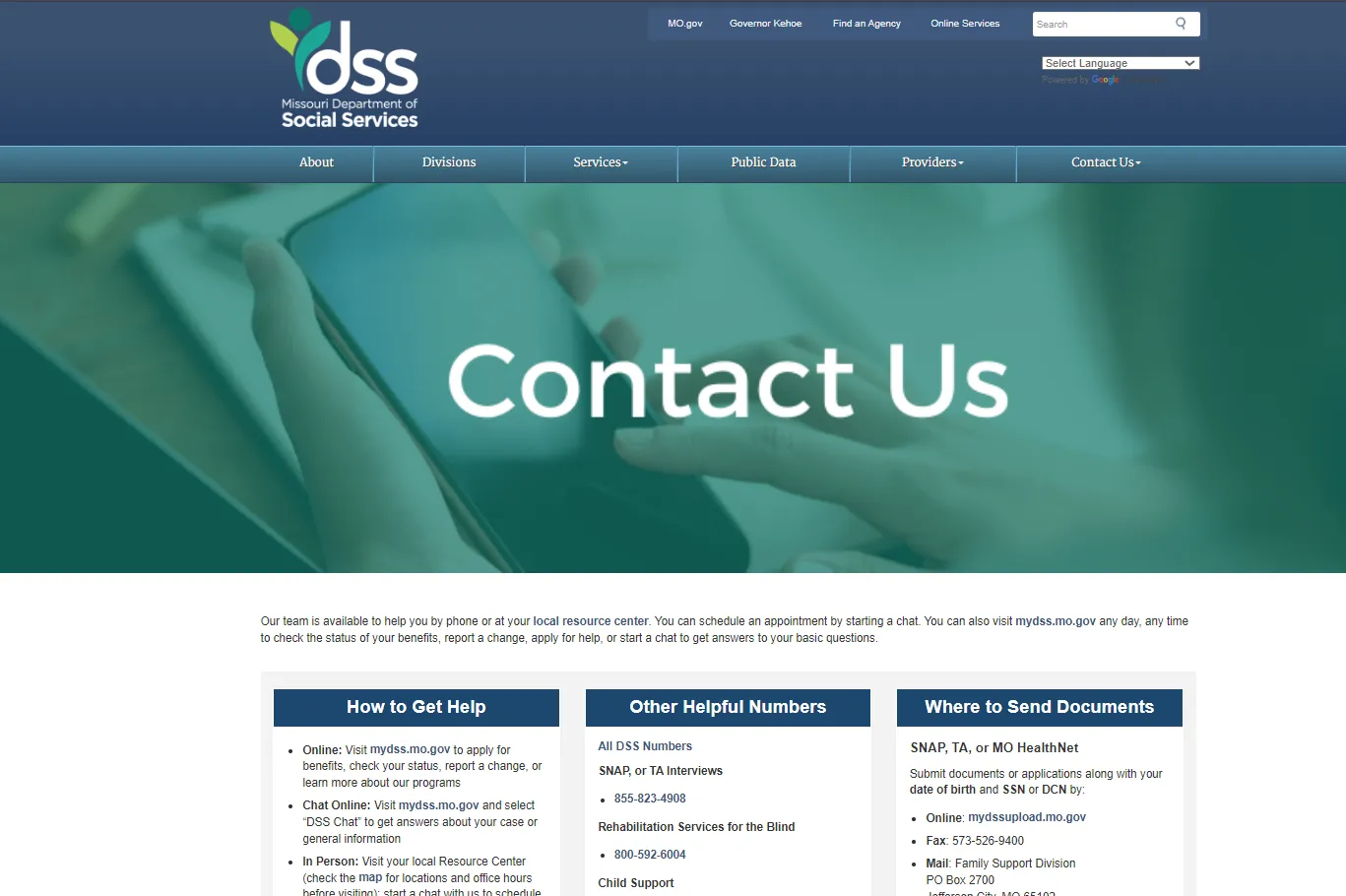 Missouri DSS Find an Office official page screenshot for Kansas City MO food stamp office and SNAP office hours