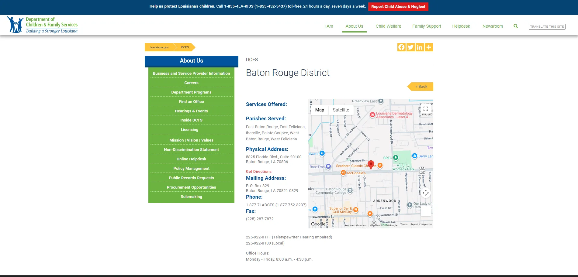 Louisiana DCFS Baton Rouge District office page screenshot for Baton Rouge LA food stamp office
