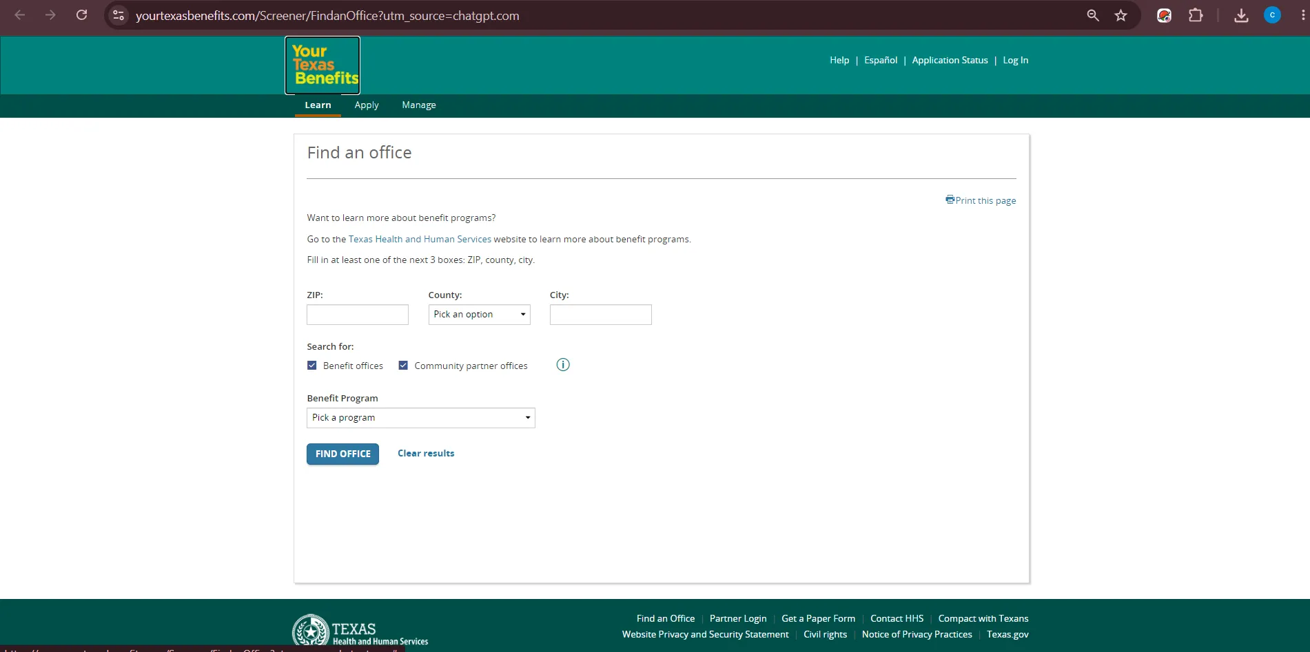 Official Your Texas Benefits office locator page for Amarillo TX food stamp office SNAP help