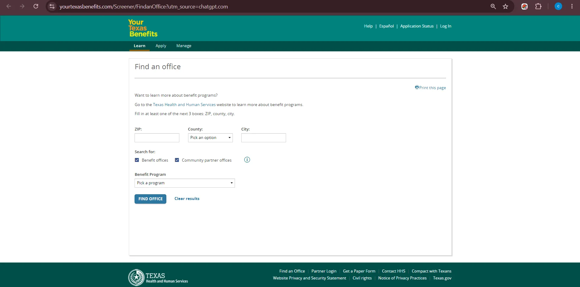 Official Your Texas Benefits office finder page showing Texas City TX food stamp office and SNAP benefit office search