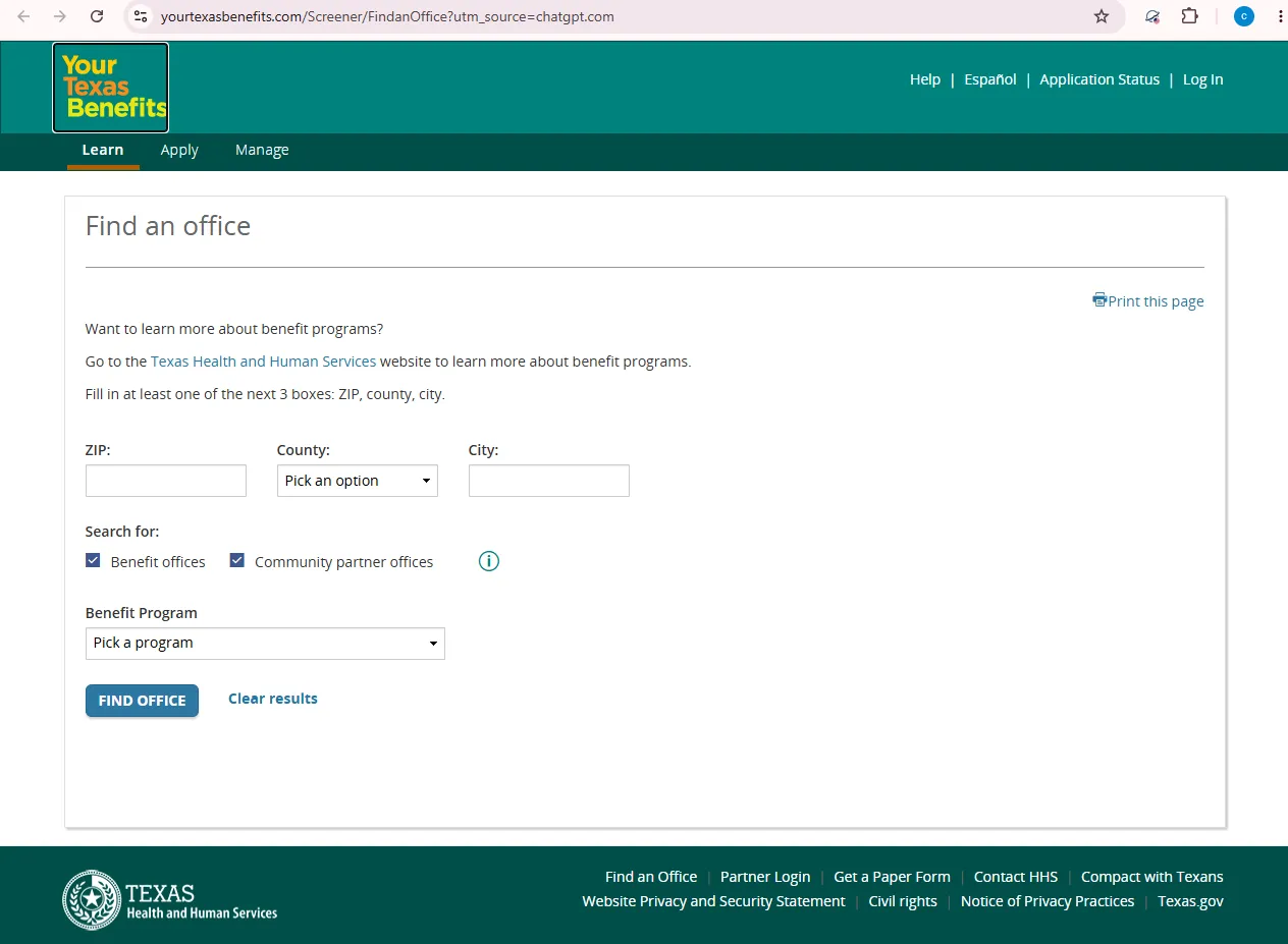 Official Your Texas Benefits office finder page for Nacogdoches TX food stamp office and SNAP benefits help