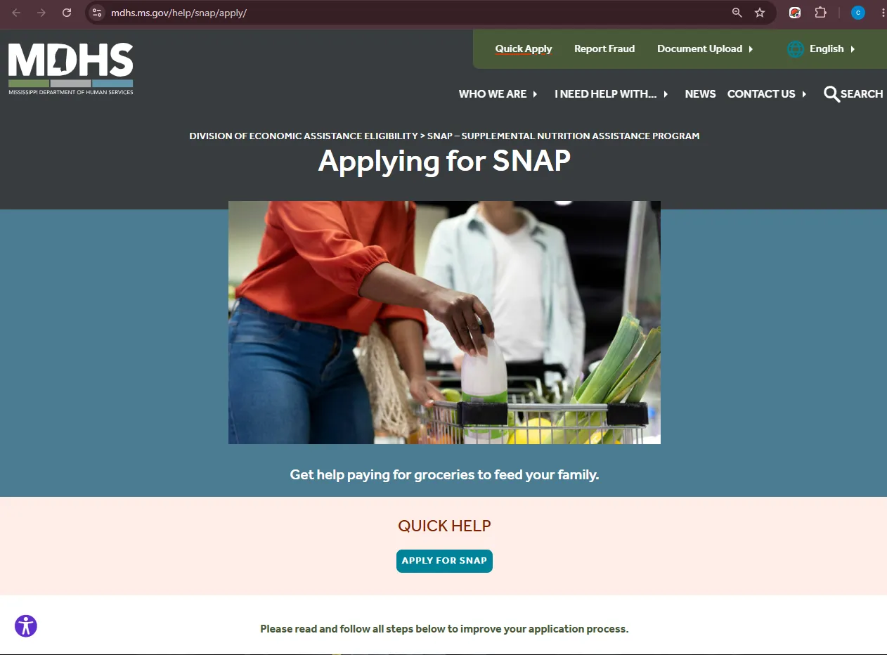 Official Mississippi DHS Lowndes County SNAP office listing for Columbus MS food stamp help