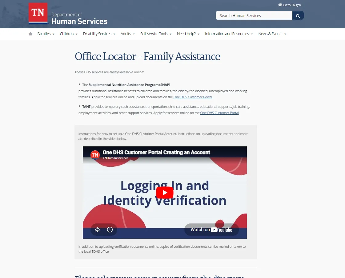 Tennessee DHS Hamilton County Chattanooga SNAP office official page screenshot for Chattanooga TN food stamp office