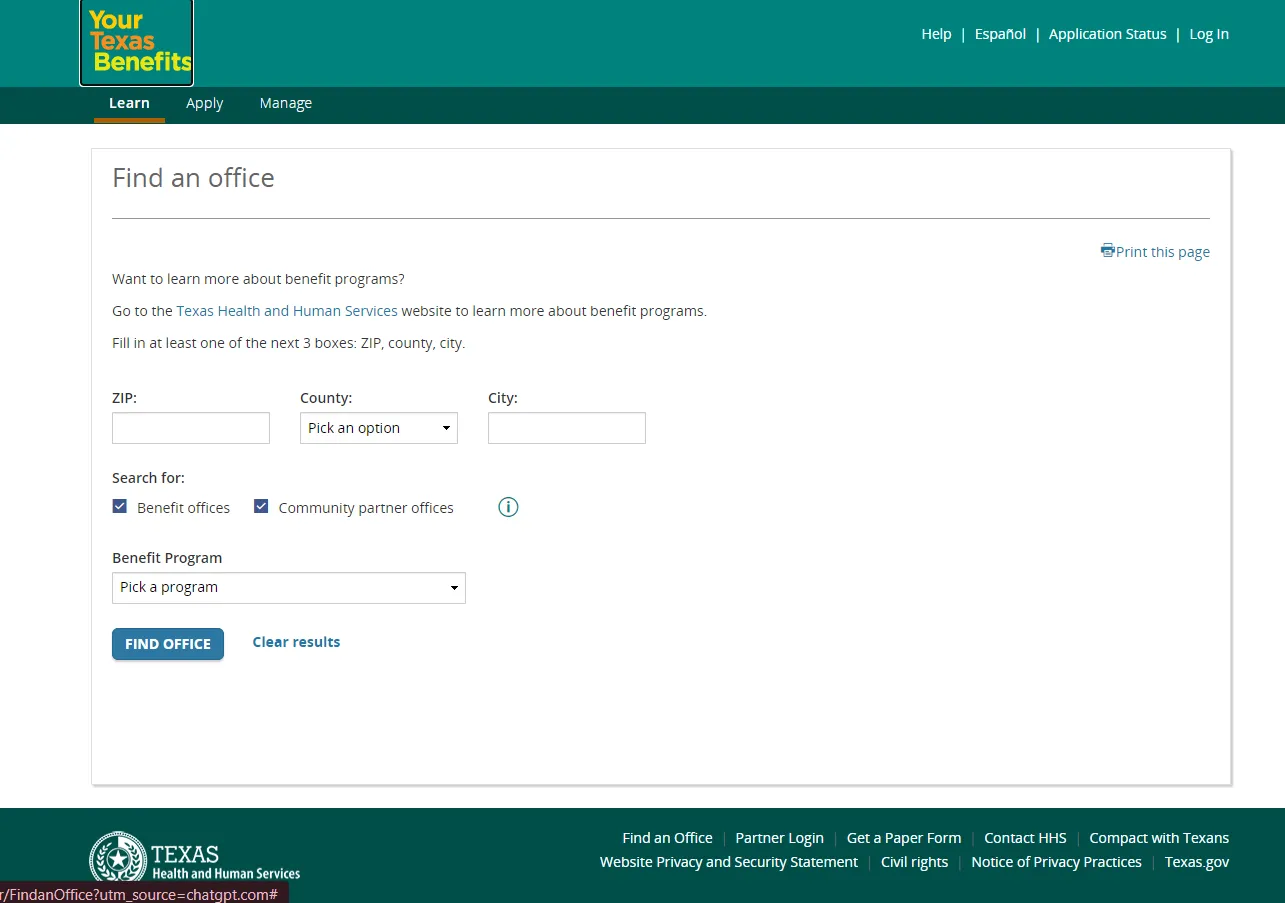 Your Texas Benefits Find an Office official page screenshot for Lubbock TX food stamp office and SNAP benefits help