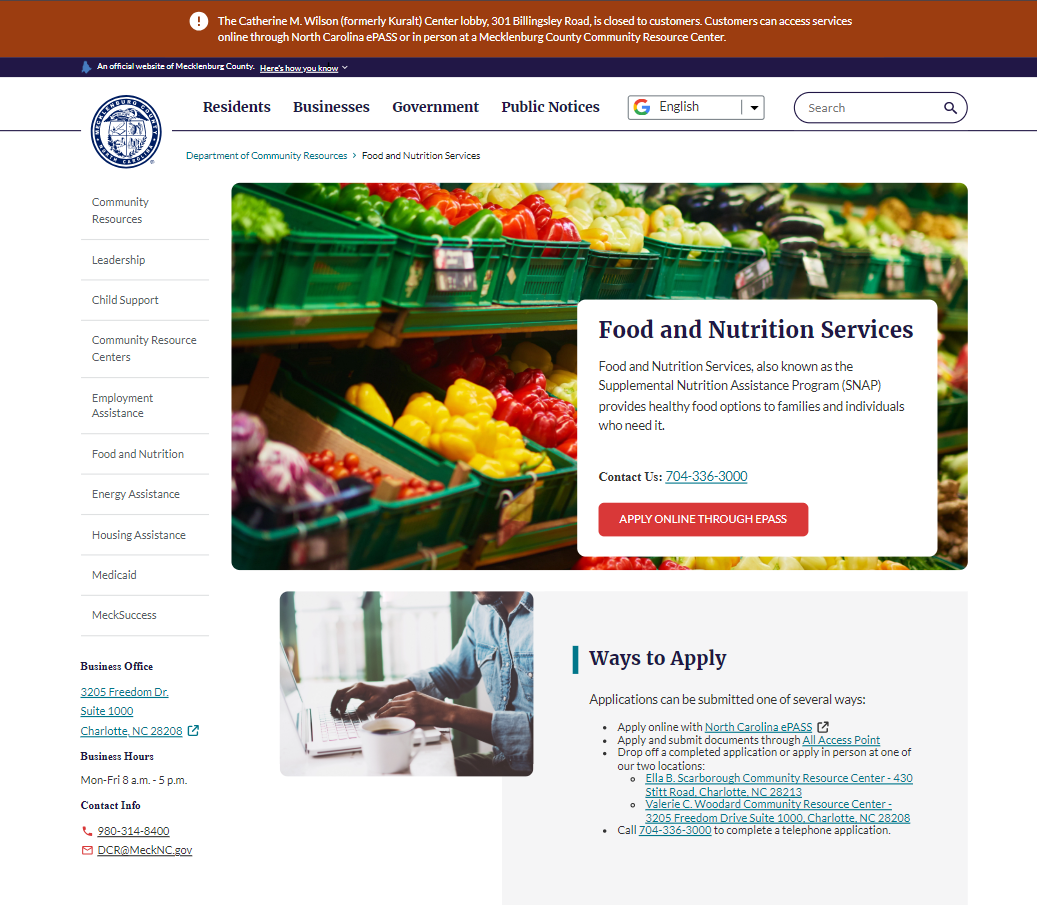 Mecklenburg County official Food and Nutrition Services page screenshot for Charlotte NC food stamp office, SNAP benefits phone and hours